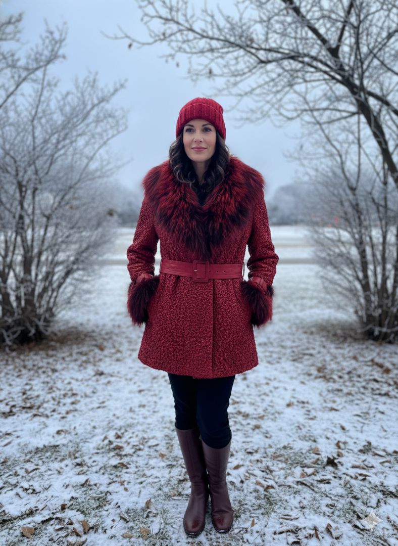 EAC LEATHER REAL FOX FUR TEXTURED RED COAT