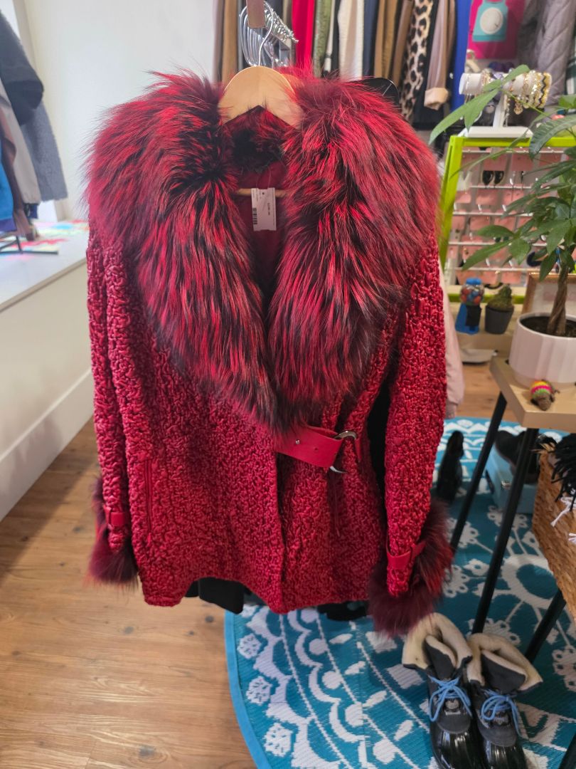 EAC LEATHER REAL FOX FUR TEXTURED RED COAT