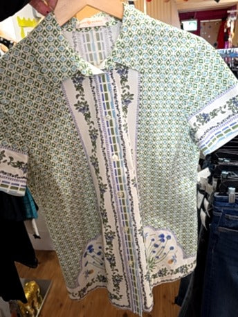 GREEN PATTERN TORY BURCH BUTTON UP SHIRT