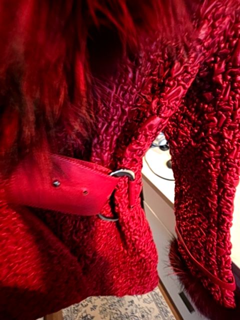 EAC LEATHER REAL FOX FUR TEXTURED LEATHER RED COAT