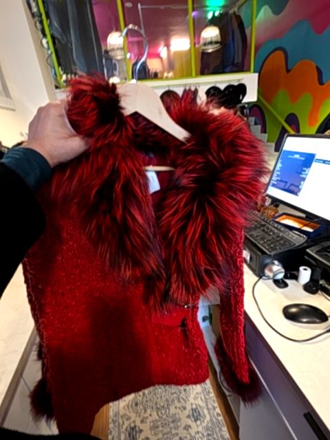 EAC LEATHER REAL FOX FUR TEXTURED LEATHER RED COAT