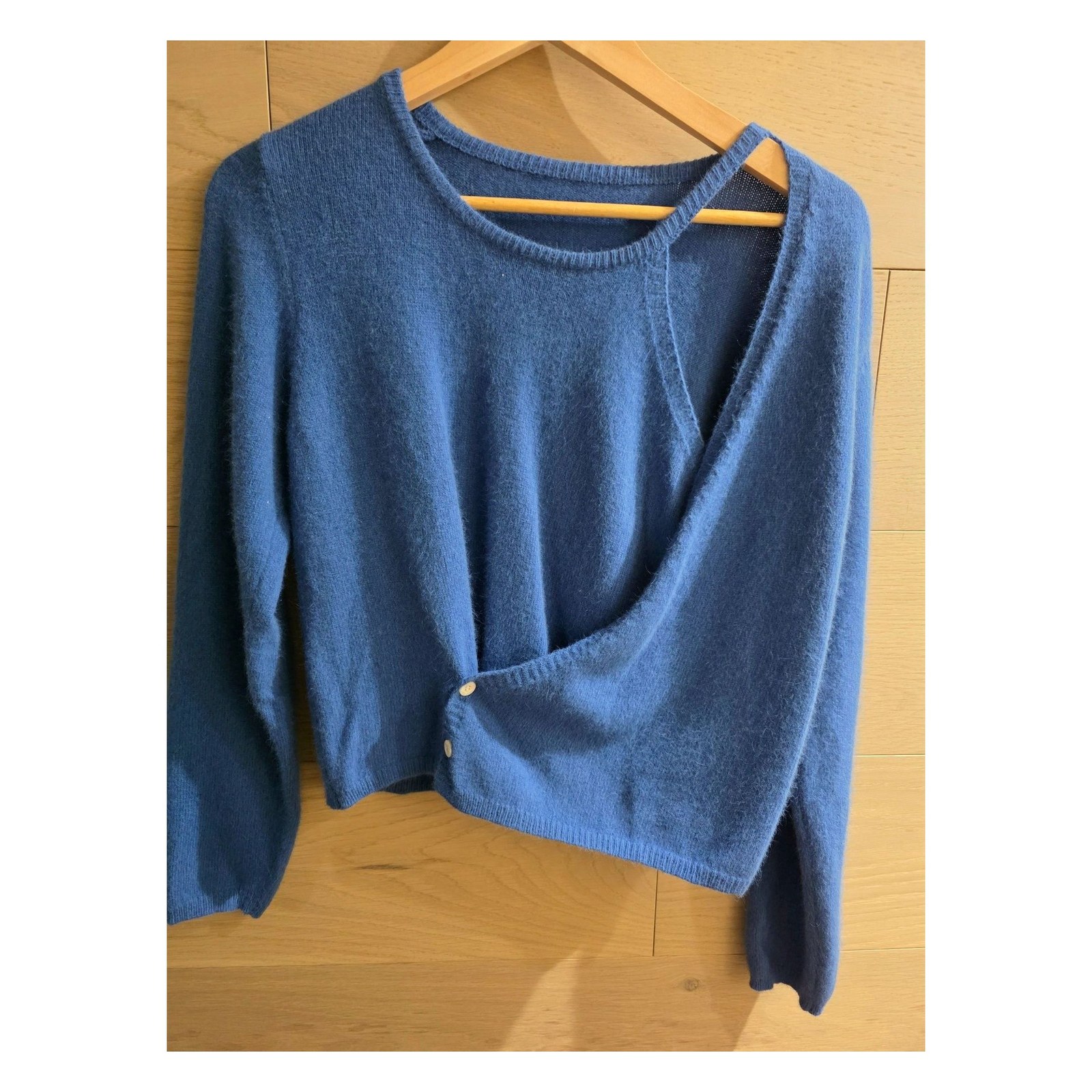 BTQ BLUE ASYMMETRICAL WRAP KNIT SWEATER