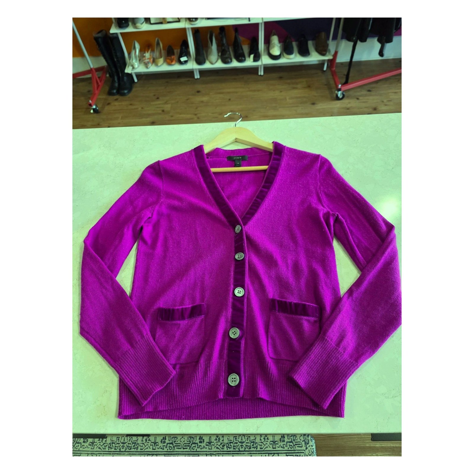J.CREW VELVET TRIM MERINO BLEND CARDIGAN