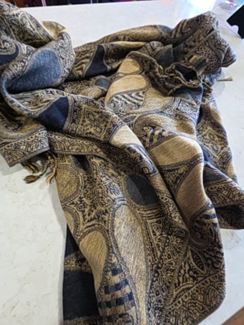 PASHMINA NAVY AND GOLD FRINGE