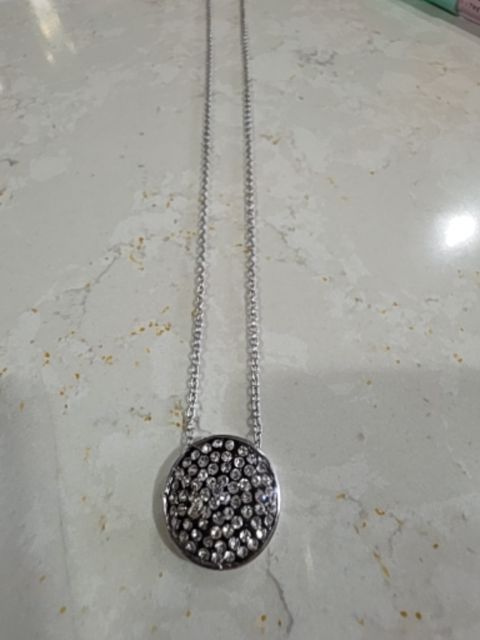 silver toned necklace round rhinestone pendant
