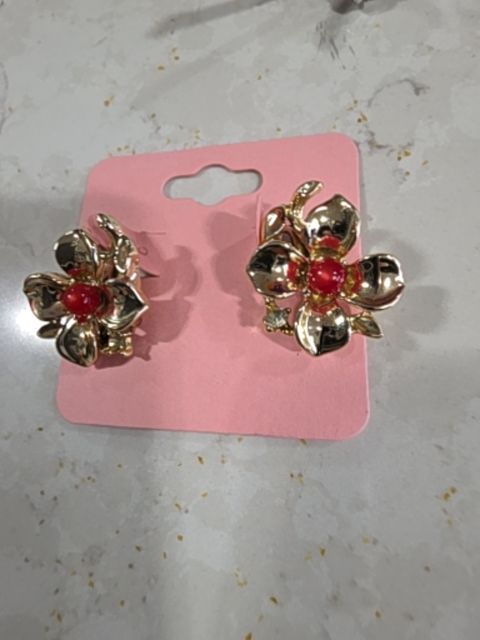 flower clip on earring red centred bead