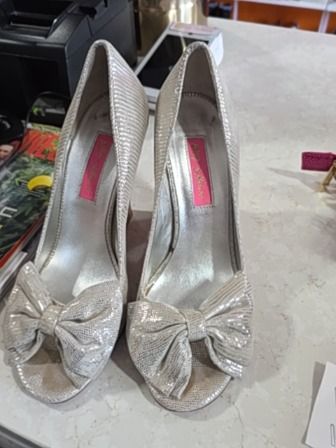 BETSY JOHNON METALLIC PEEP-TOE CORK WEDGE PUMPS
