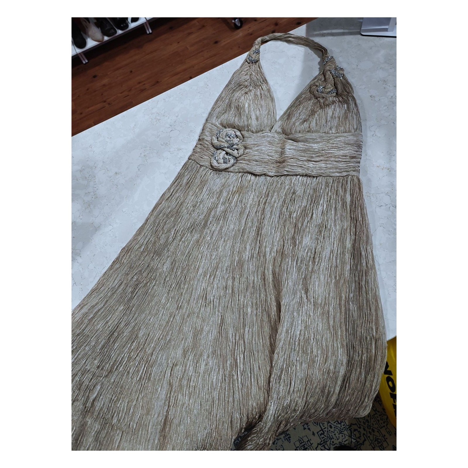 Gold MARIA SANCHEZ Crinkled Halter Dress